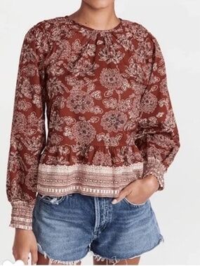 Veronica Beard Kester Floral Peplum Blouse in Rust Red Sz 4